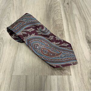 Christian Dior Blue, Tan Brown and Burgundy Red Paisley Silk Neck Tie